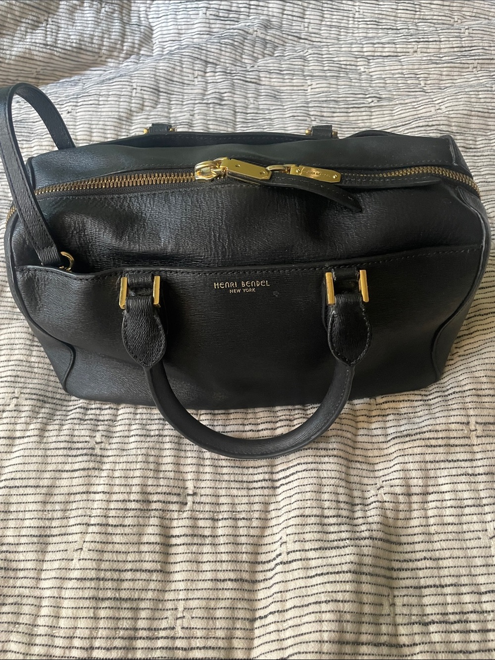 henri bendel Black Leather Duffel with Gold Hardware